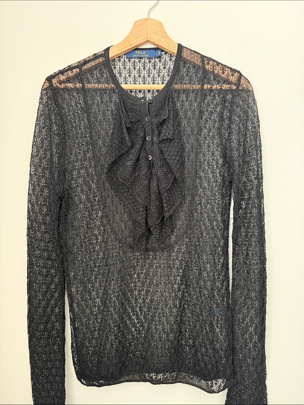 Polo by Ralph Lauren Black Sheer Ruffle-Front Long Sleeve Top Size L